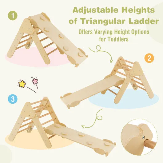 2-in-1 Wooden Kids Climber Toys With Triangle Arch Ramp-Natural