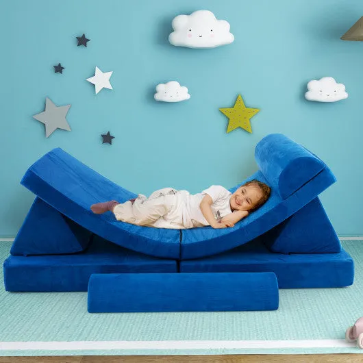 6 Pieces Convertible Kids Sofa Playset With Zipper-Blue