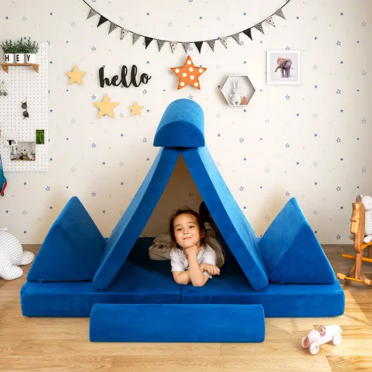 6 Pieces Convertible Kids Sofa Playset With Zipper-Blue