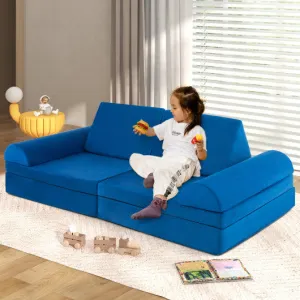 6 Pieces Convertible Kids Sofa Playset With Zipper-Blue