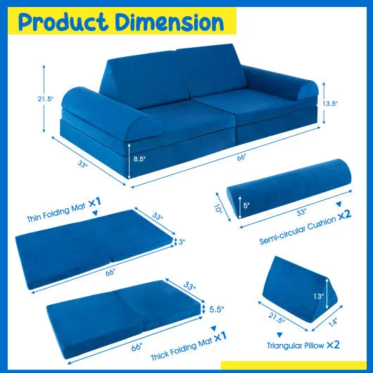 6 Pieces Convertible Kids Sofa Playset With Zipper-Blue