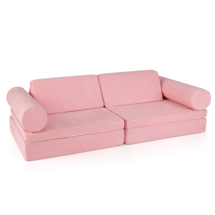 8 Pieces Kids Play Couch Foam Building Fort Play Set With Suede Cover-Pink