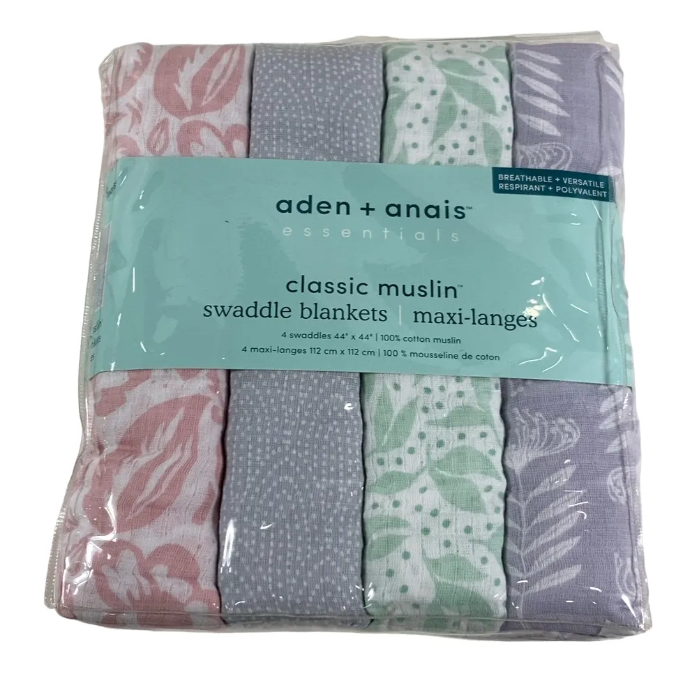 Aden   Anais Cotton Muslin Swaddle, 4 Pack, Classic Muslin, 44" x 44", DAMSEL
