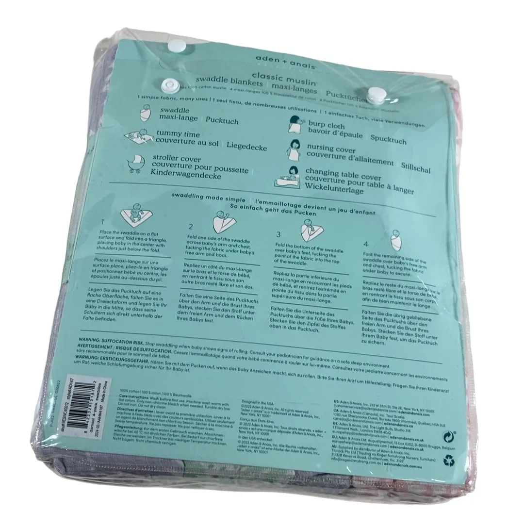 Aden   Anais Cotton Muslin Swaddle, 4 Pack, Classic Muslin, 44" x 44", DAMSEL