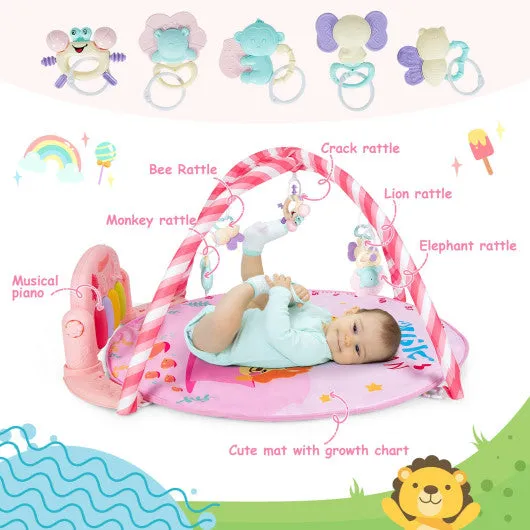 Baby Activity Play Piano Gym Mat With 5 Hanging Sensory Toys-Pink