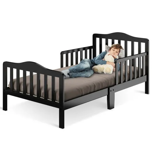 Classic Design Kids Wood Toddler Bed Frame With Two Side Safety Guardrails-Black