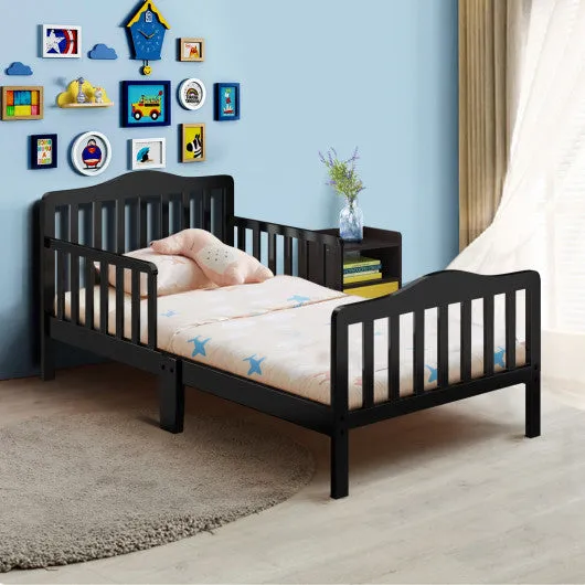 Classic Design Kids Wood Toddler Bed Frame With Two Side Safety Guardrails-Black