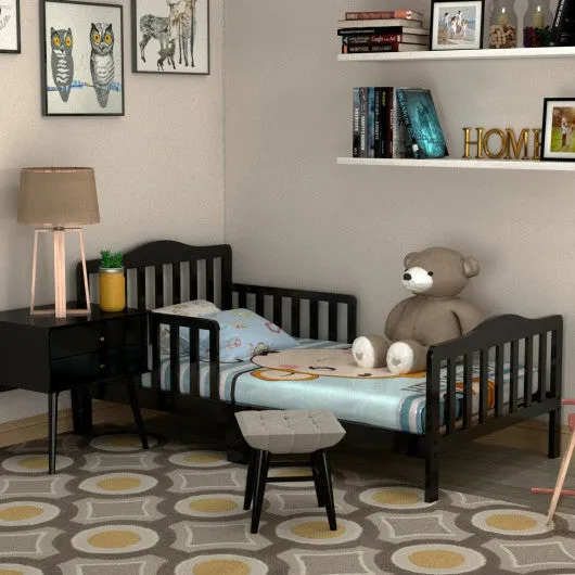 Classic Design Kids Wood Toddler Bed Frame With Two Side Safety Guardrails-Black