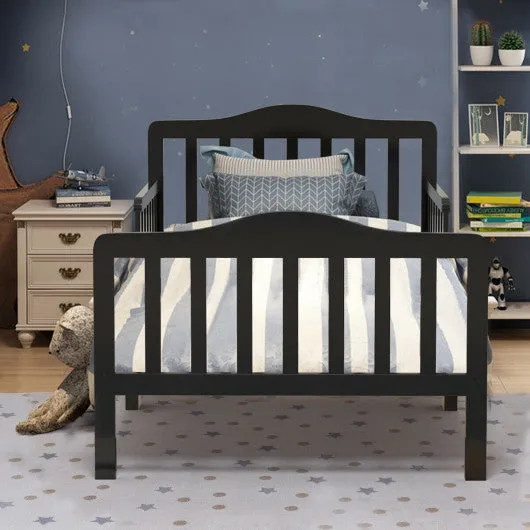 Classic Design Kids Wood Toddler Bed Frame With Two Side Safety Guardrails-Black