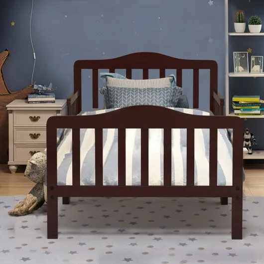 Classic Design Kids Wood Toddler Bed Frame With Two Side Safety Guardrails-Brown