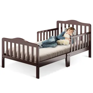 Classic Design Kids Wood Toddler Bed Frame With Two Side Safety Guardrails-Brown