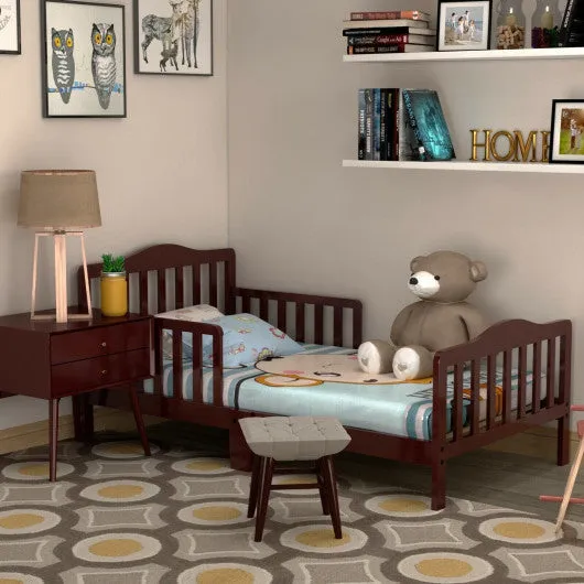 Classic Design Kids Wood Toddler Bed Frame With Two Side Safety Guardrails-Brown