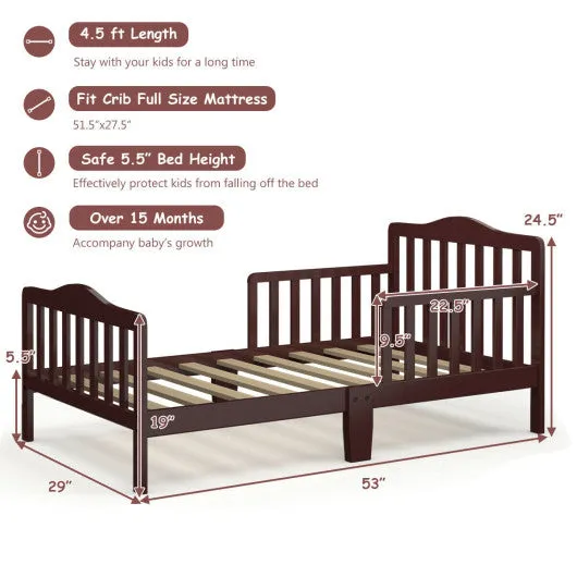 Classic Design Kids Wood Toddler Bed Frame With Two Side Safety Guardrails-Brown