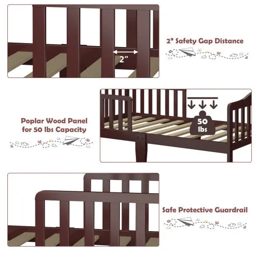 Classic Design Kids Wood Toddler Bed Frame With Two Side Safety Guardrails-Brown