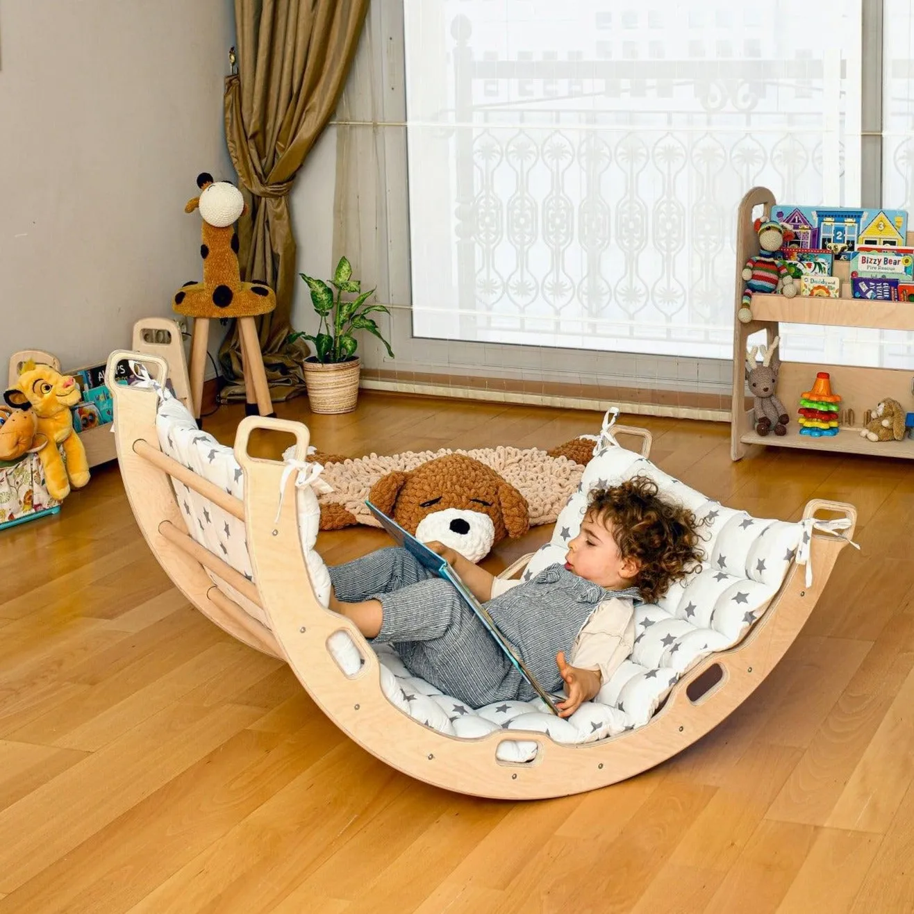 Climbing Arch With Ladder Ramp and Star Pillow Set | Wooden Climber Set