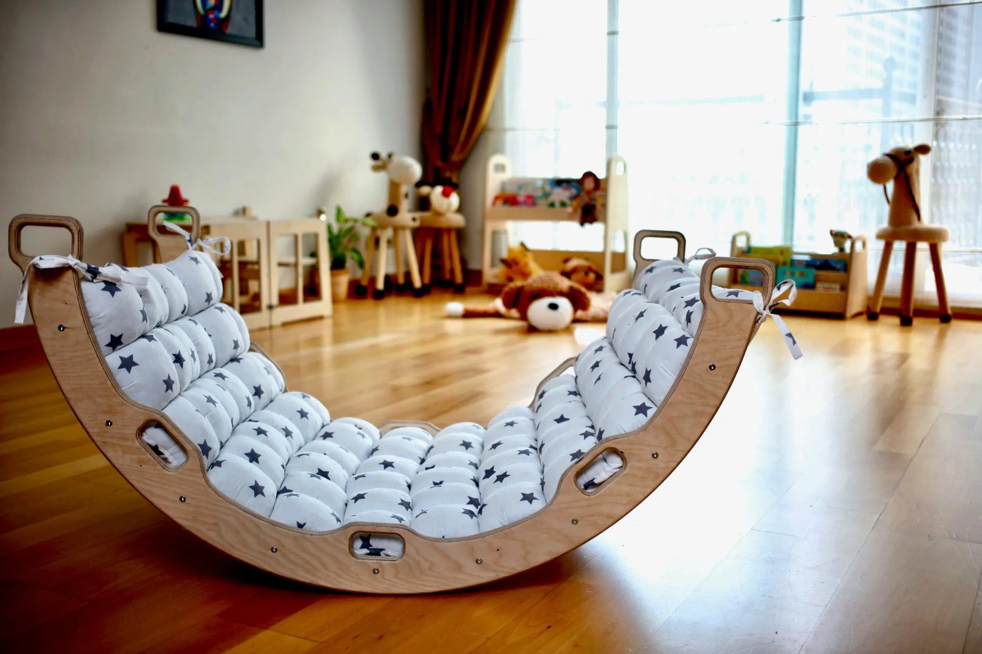 Climbing Arch With Ladder Ramp and Star Pillow Set | Wooden Climber Set