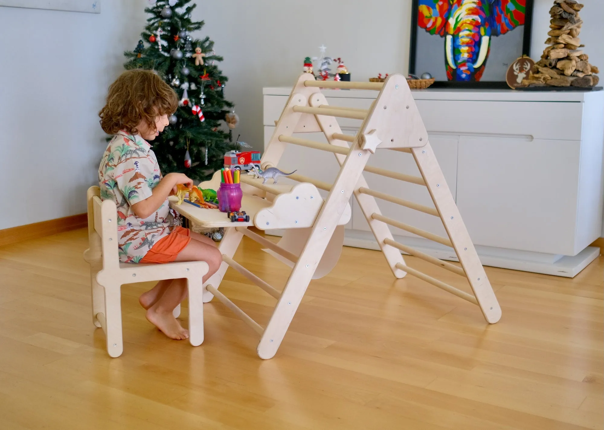 Foldable Montessori Climbing Triangle Set With Portable Table and Chair