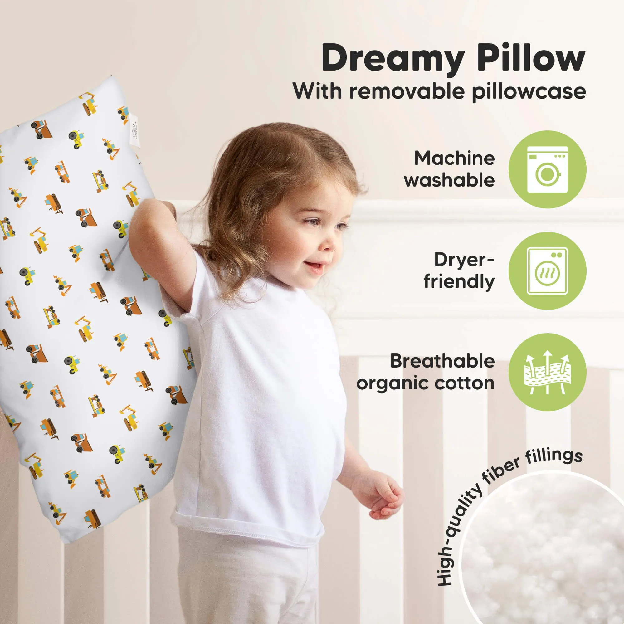 Jumbo Toddler Pillow with Pillowcase (Construction)