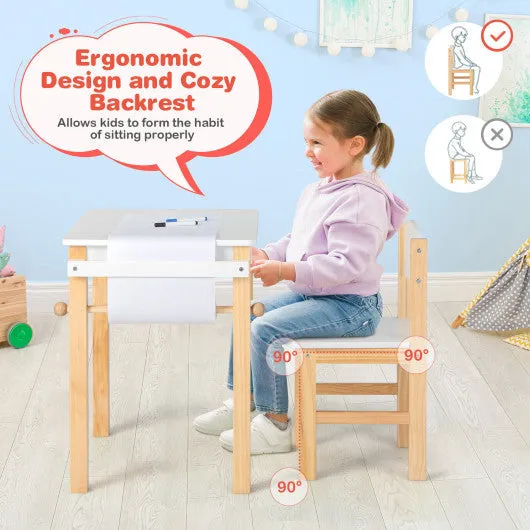 Kids Art Table and Chair Set With Drawer Paper Roll and 2 Markers-White