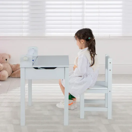 Kids Art Table and Chair Set With Drawer Paper Roll and 2 Markers-White