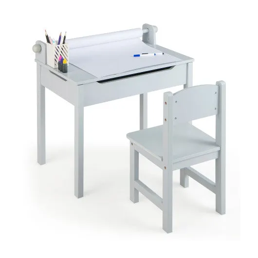 Kids Art Table and Chair Set With Drawer Paper Roll and 2 Markers-White