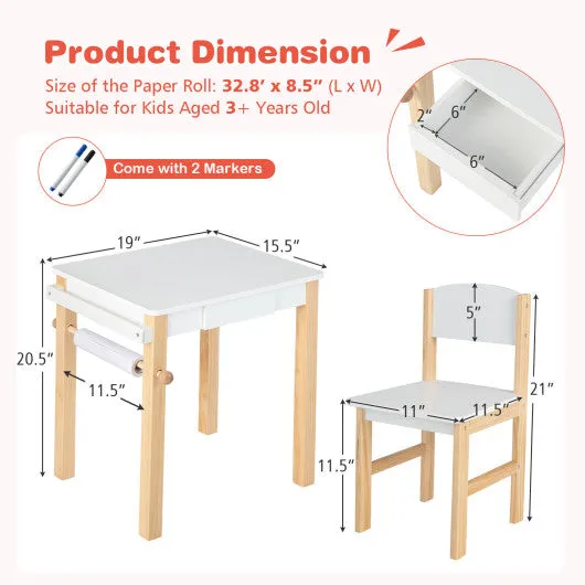 Kids Art Table and Chair Set With Drawer Paper Roll and 2 Markers-White