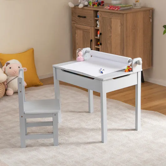 Kids Art Table and Chair Set With Drawer Paper Roll and 2 Markers-White