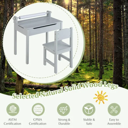 Kids Art Table and Chair Set With Drawer Paper Roll and 2 Markers-White