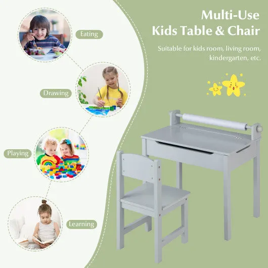 Kids Art Table and Chair Set With Drawer Paper Roll and 2 Markers-White