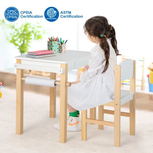 Kids Art Table and Chair Set With Drawer Paper Roll and 2 Markers-White