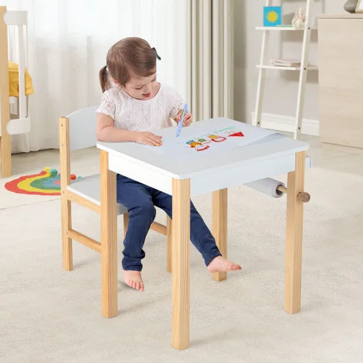Kids Art Table and Chair Set With Drawer Paper Roll and 2 Markers-White