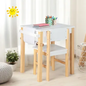 Kids Art Table and Chair Set With Drawer Paper Roll and 2 Markers-White