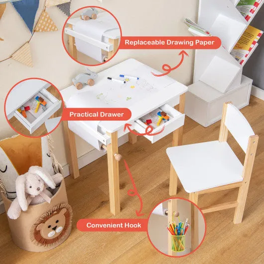 Kids Art Table and Chair Set With Drawer Paper Roll and 2 Markers-White