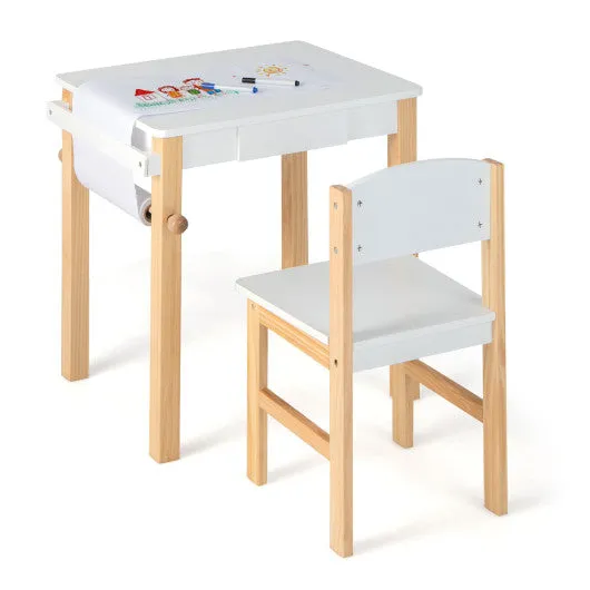 Kids Art Table and Chair Set With Drawer Paper Roll and 2 Markers-White