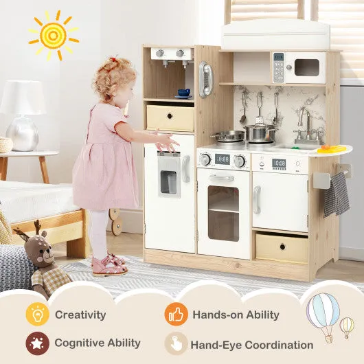 Kids Kitchen Playset With Adjustable LED Lights Removable Fabric Bins-White