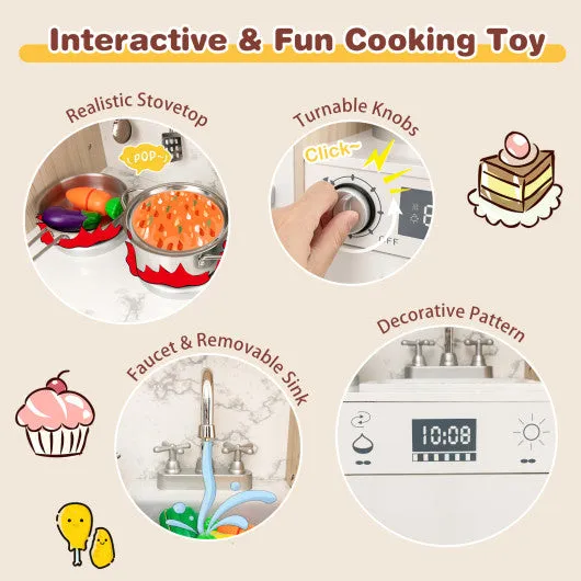 Kids Kitchen Playset With Adjustable LED Lights Removable Fabric Bins-White