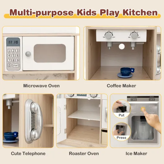 Kids Kitchen Playset With Adjustable LED Lights Removable Fabric Bins-White