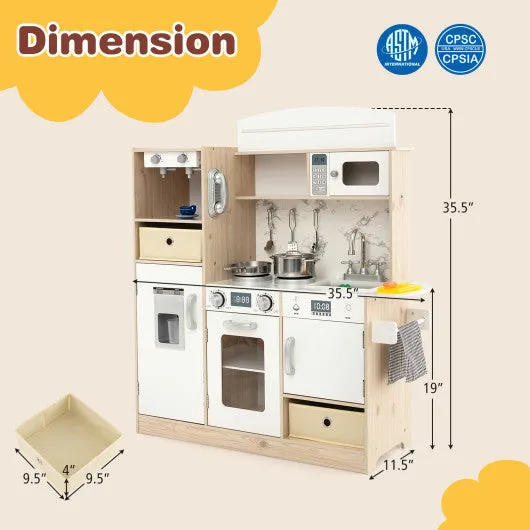 Kids Kitchen Playset With Adjustable LED Lights Removable Fabric Bins-White