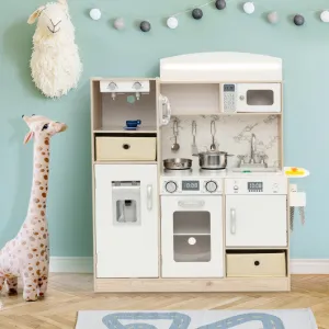 Kids Kitchen Playset With Adjustable LED Lights Removable Fabric Bins-White