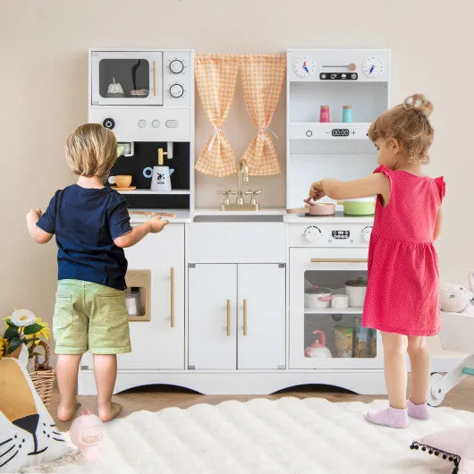 Kids Kitchen Playset With Adjustable LED Lights Removable Fabric Bins-White