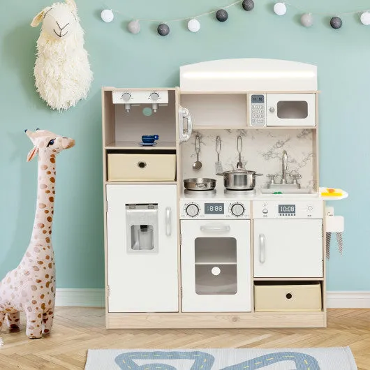 Kids Kitchen Playset With Adjustable LED Lights Removable Fabric Bins-White