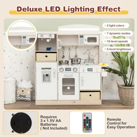 Kids Kitchen Playset With Adjustable LED Lights Removable Fabric Bins-White