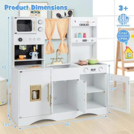 Kids Kitchen Playset With Adjustable LED Lights Removable Fabric Bins-White