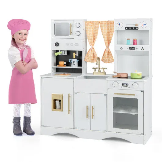 Kids Kitchen Playset With Adjustable LED Lights Removable Fabric Bins-White