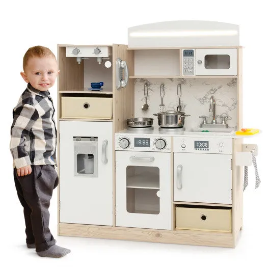 Kids Kitchen Playset With Adjustable LED Lights Removable Fabric Bins-White