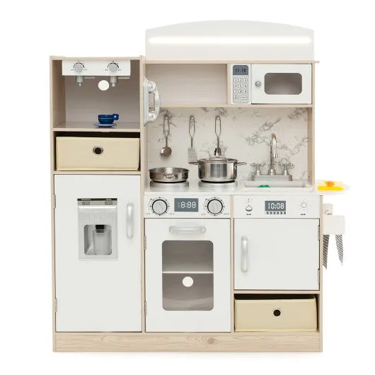 Kids Kitchen Playset With Adjustable LED Lights Removable Fabric Bins-White