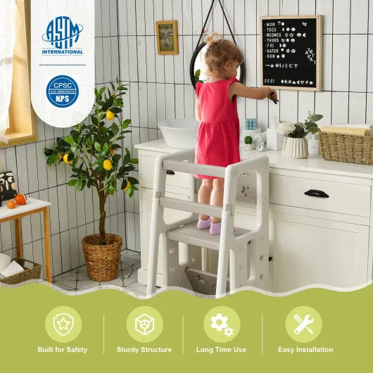 Kids Kitchen Step Stool With Double Safety Rails -Gray