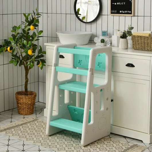 Kids Kitchen Step Stool With Double Safety Rails-Green