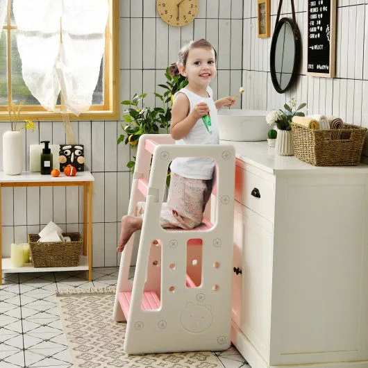 Kids Kitchen Step Stool With Double Safety Rails-Pink