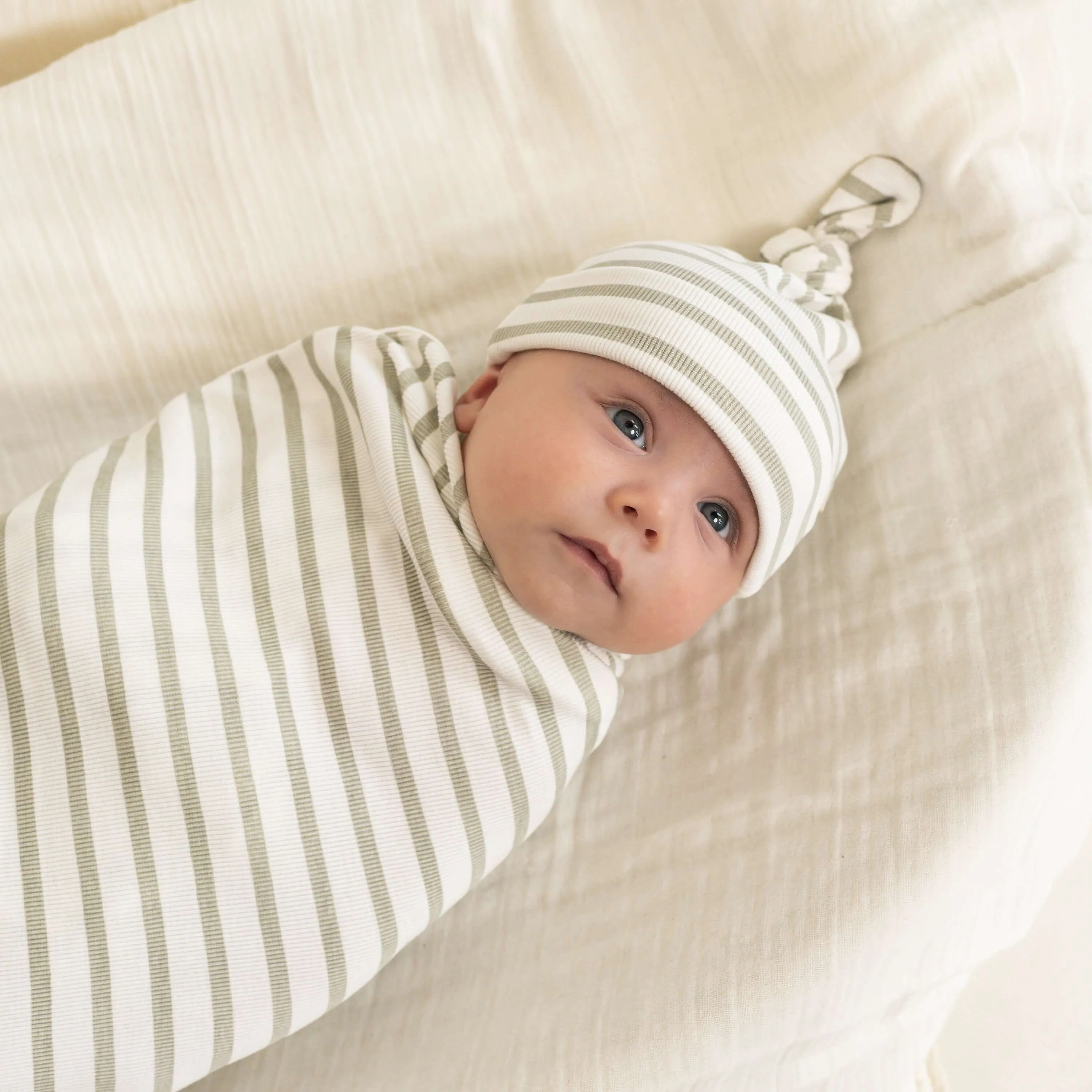 Sage Stripes | Organic Swaddle Blanket & Hat Set